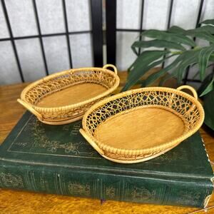 Vintage Wicker Weave Tray Set Simple Homestead Trinket Woven Dish